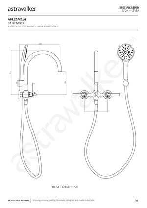 Astra Walker Icon + Lever Wall Mounted Bath Mixer with Multi-Function Hand Shower