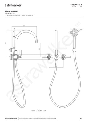 Astra Walker Icon + Lever Wall Mounted Bath Mixer with Circular Single Function Hand Shower