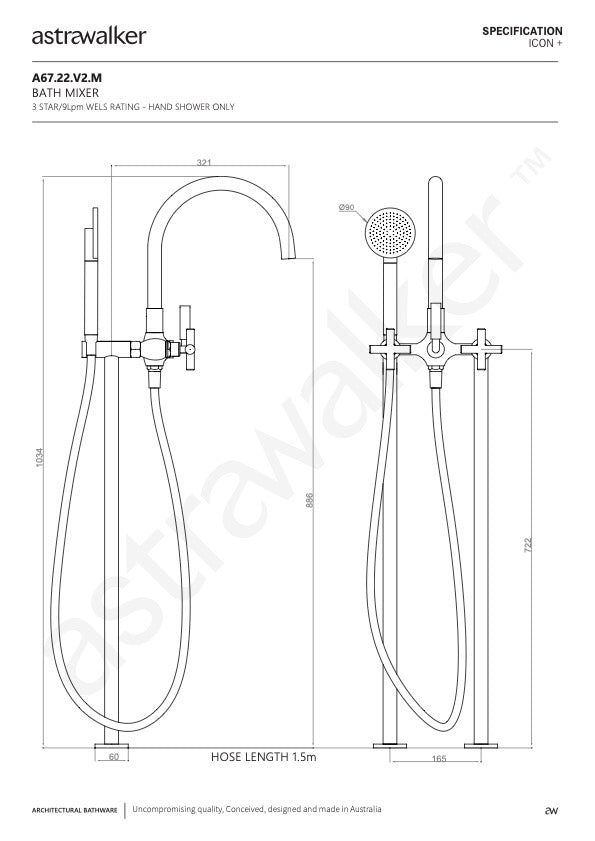 Astra Walker Icon + Floor Mounted Bath Mixer with Circular Single Function Hand Shower