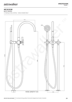 Astra Walker Icon + Floor Mounted Bath Mixer with Circular Single Function Hand Shower