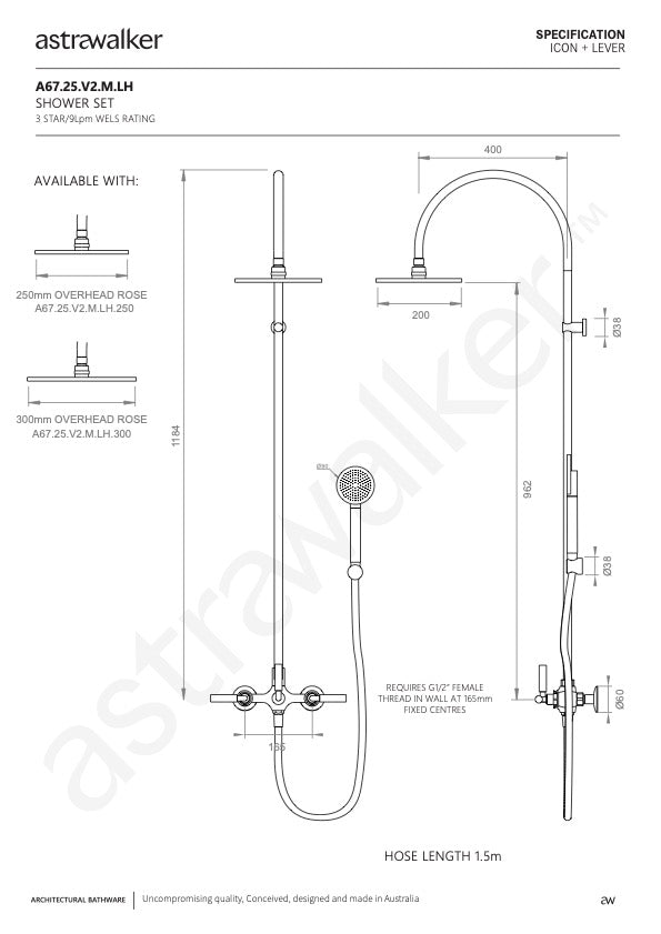 Astra Walker Icon + Lever Exposed Shower Set with Taps, Diverter & Circular Single Function Hand Shower on Wall Hook