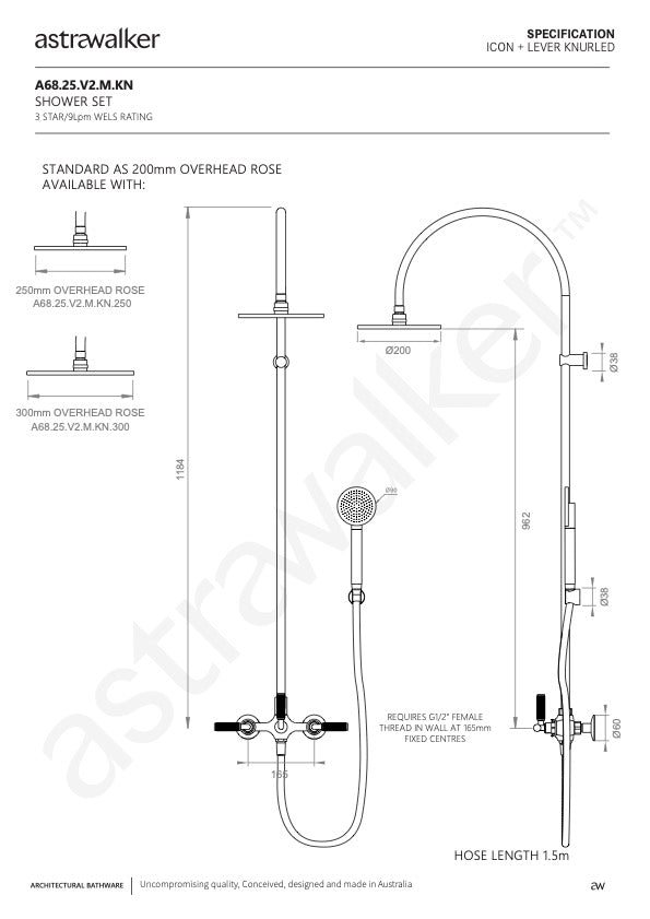 Astra Walker Knurled Icon + Lever Exposed Shower Set with Taps, Diverter & Circular Single Function Hand Shower on Wall Hook