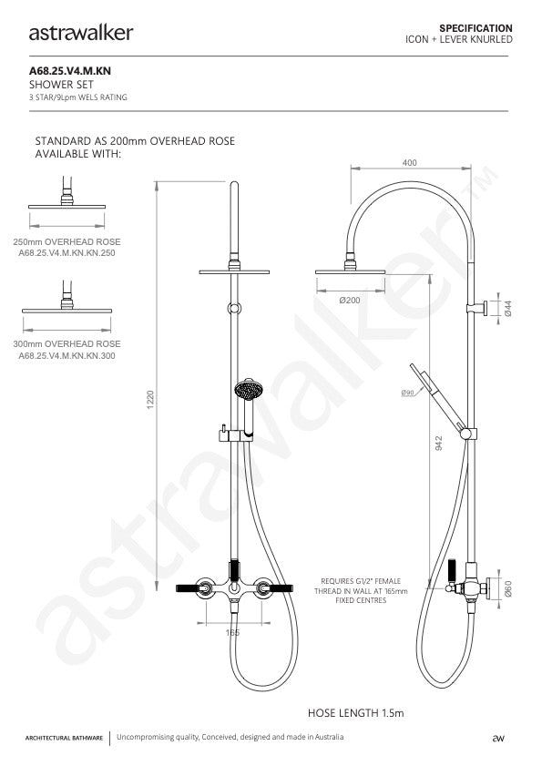 Astra Walker Knurled Icon + Lever Exposed Shower Set with Taps, Diverter & Circular Single Function Hand Shower