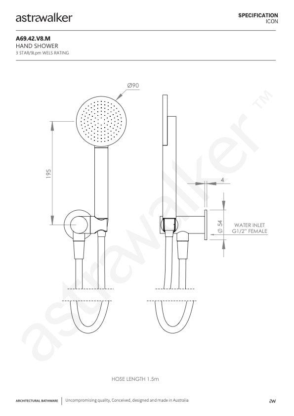 Astra Walker Icon Circular Single Function Hand Shower with Integrated Swivel Holder