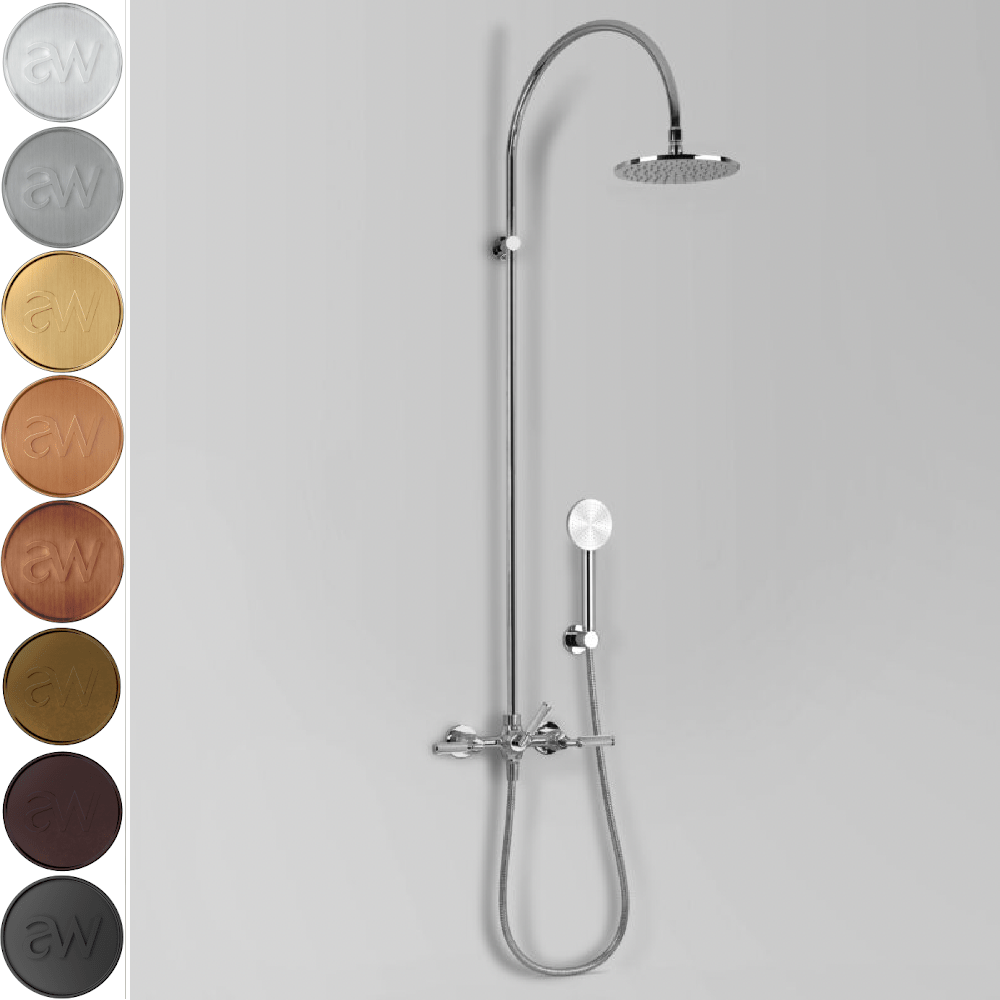 Astra Walker Knurled Icon + Lever Exposed Shower Set with Taps, Diverter & Circular Single Function Hand Shower on Wall Hook