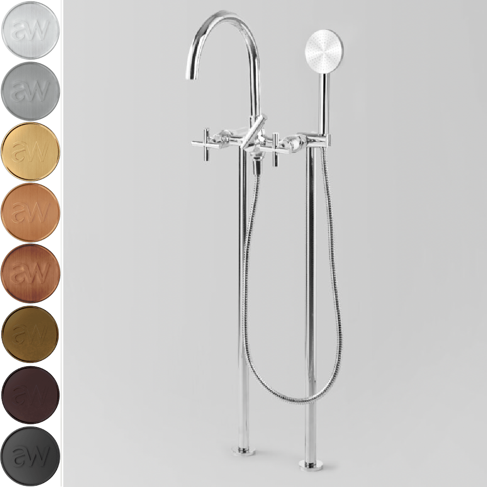 Astra Walker Icon + Floor Mounted Bath Mixer with Circular Single Function Hand Shower