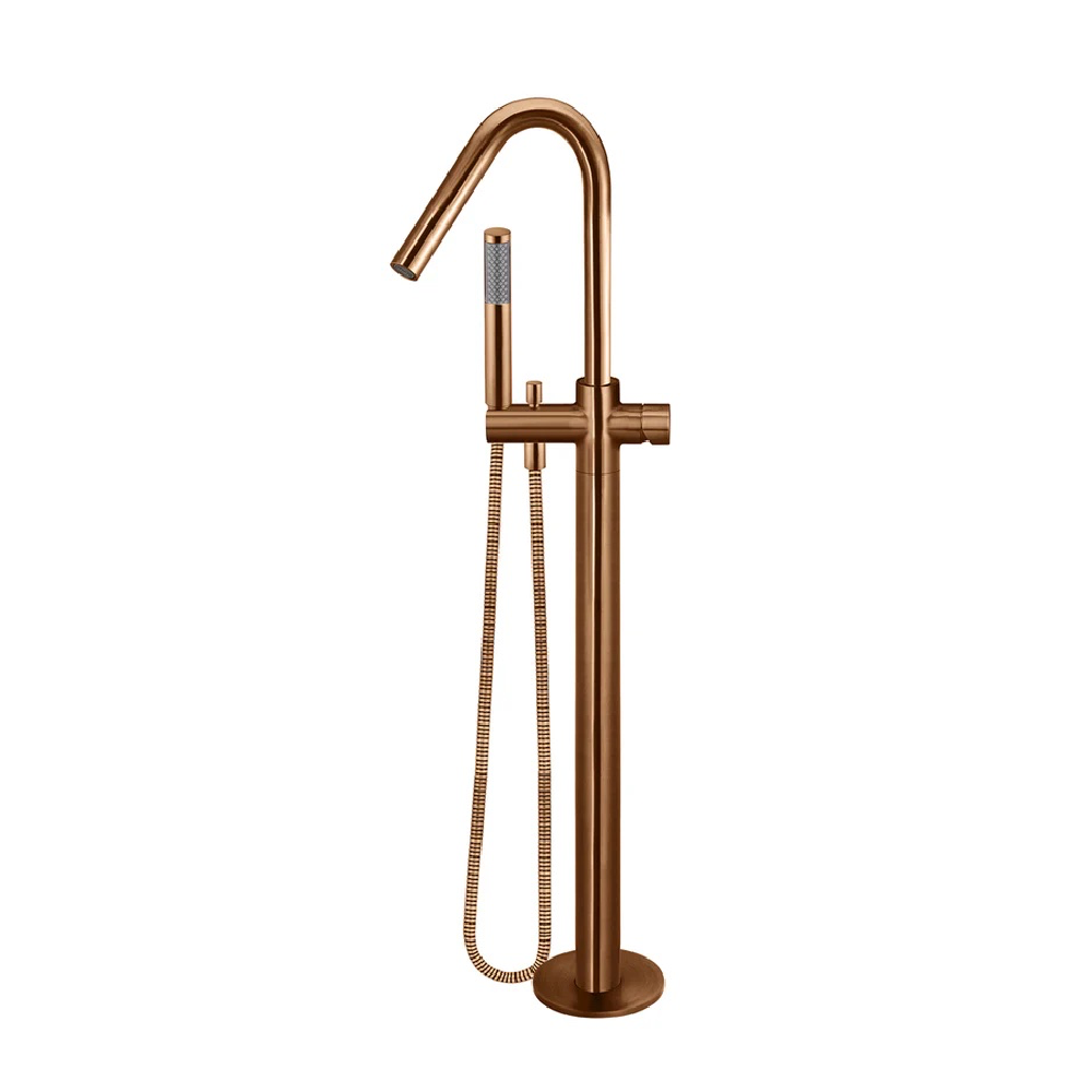 Meir Round Pinless Freestanding Bath Spout and Hand Shower | Lustre Bronze