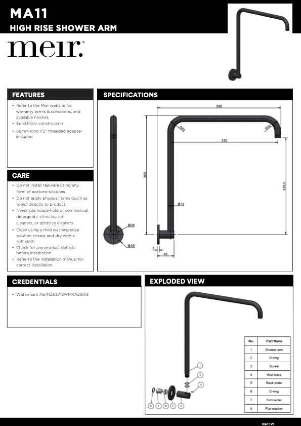 Meir High Rise Shower Arm | Matte Black