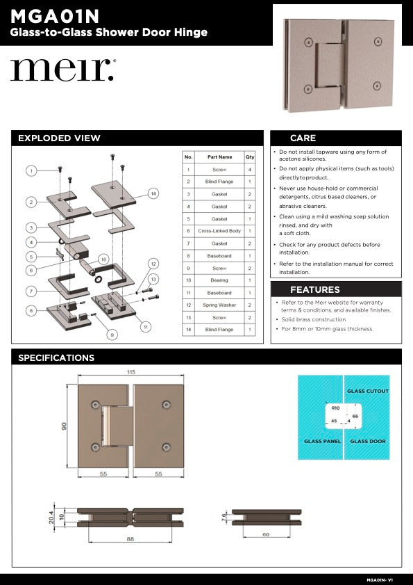 Meir Glass To Glass Shower Door Hinge | Champagne