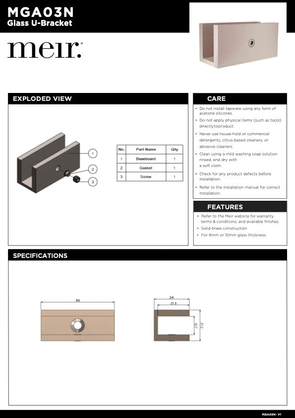 Meir Glass Fixing U Bracket | Lustre Bronze