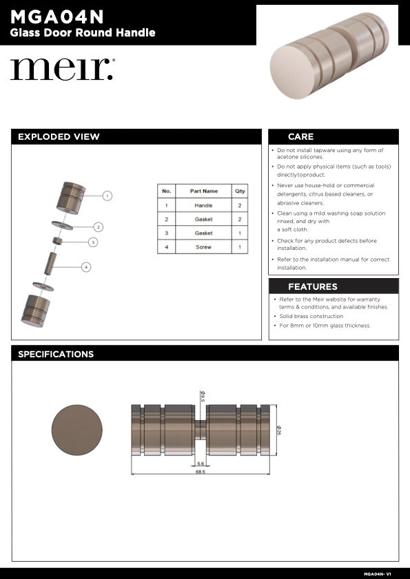 Meir Shower Door Round Handle | Brushed Nickel