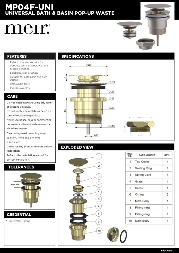 Meir Universal Basin & Bath Pop Up Waste | Lustre Bronze