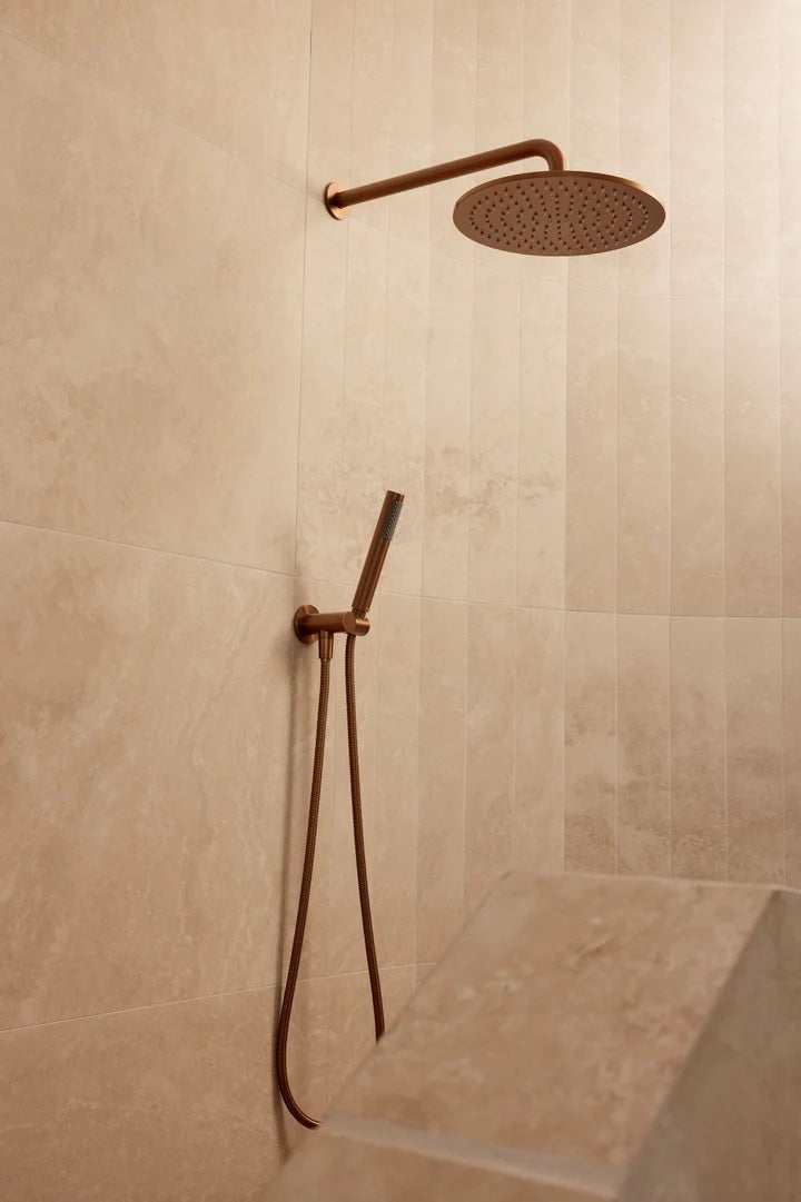 Meir Round Wall Shower Curved Arm 400mm | Lustre Bronze