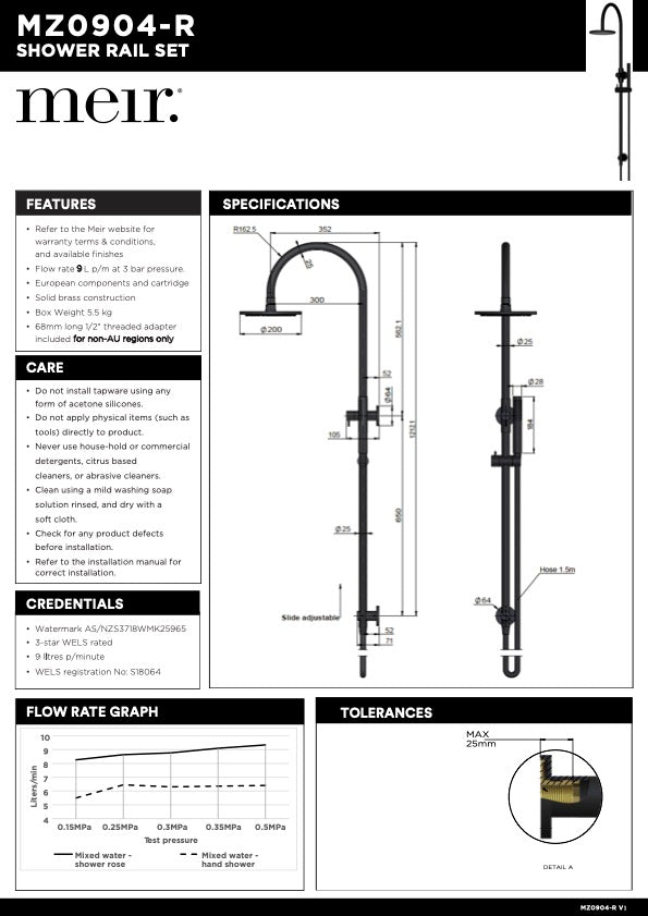 Meir Round Gooseneck Shower Set with 200mm Rose & Single Function Hand Shower | Matte Black