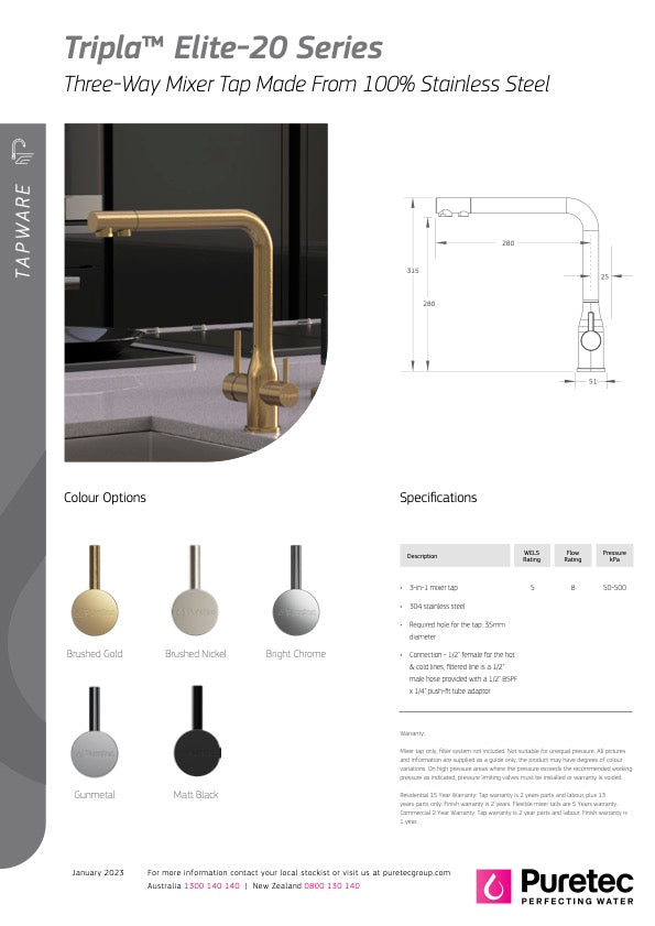 Puretec Tripla Elite 20 Series | Brushed Gold