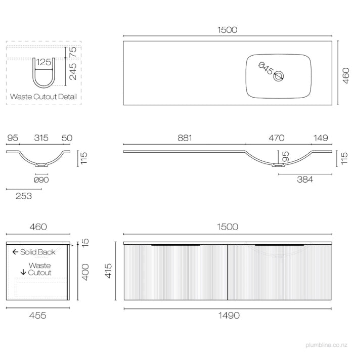 Ava Spio 1500 2 Drawer Vanity Right Basin