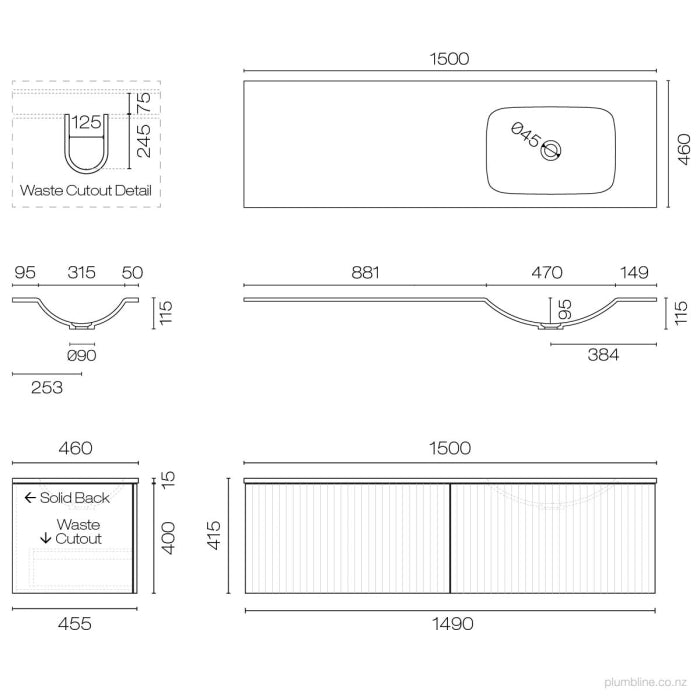 Lima Spio 1500 2 Drawer Vanity Right Basin