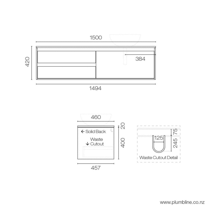 Prava Opaco 1500 3 Drawer Right Vanity