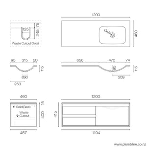 Prava Spio 1200 3 Drawer Right Vanity