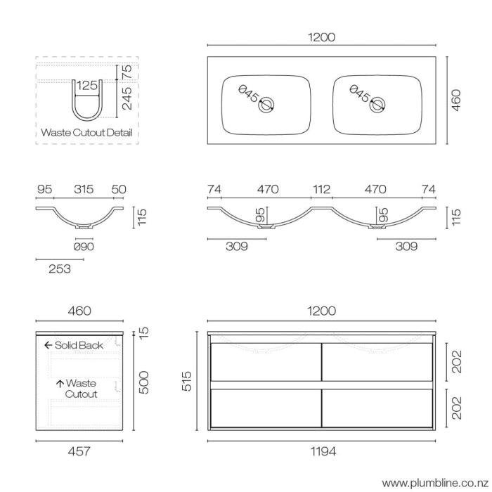 Prava Spio 1200 4 Drawer Vanity Double Basin