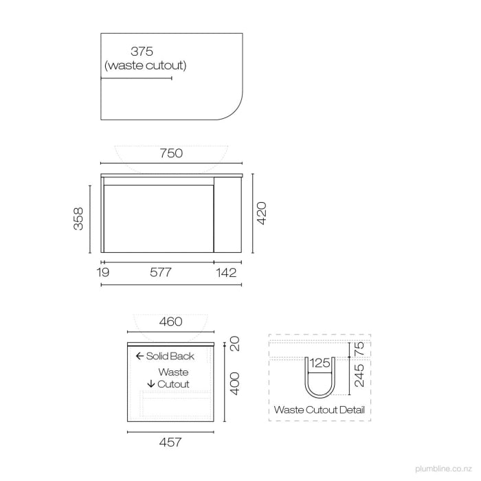 Stanza Curve Opaco 750 Left Corner 1 Drawer Vanity