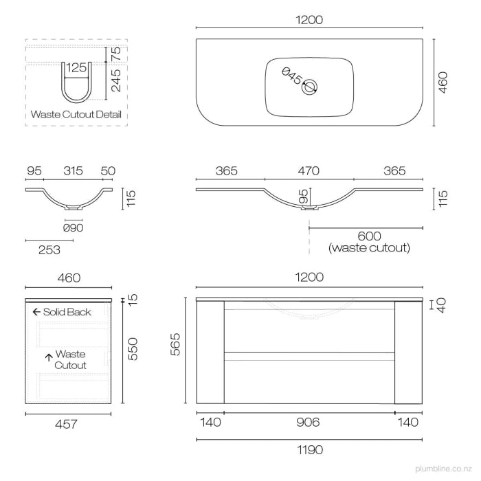 Stanza Curve Spio 1200 2 Drawer Vanity