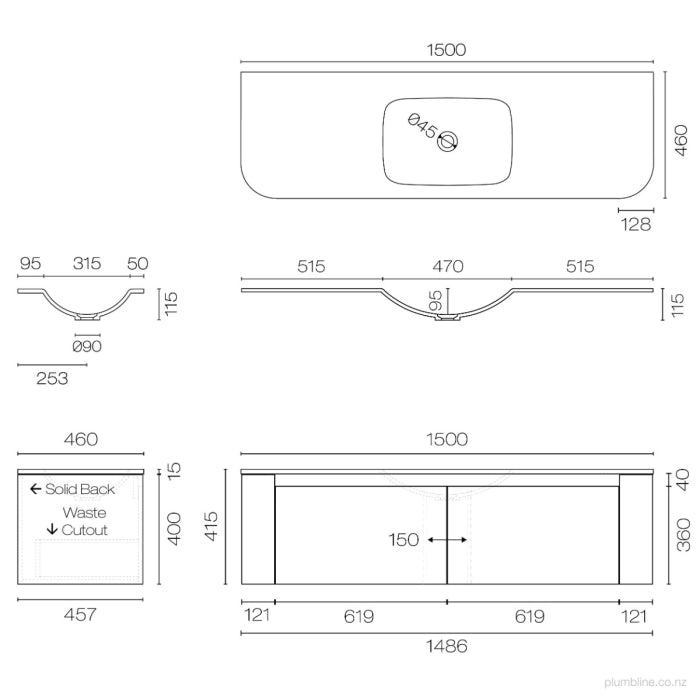 Stanza Curve Spio 1500 2 Drawer Vanity Centre Basin