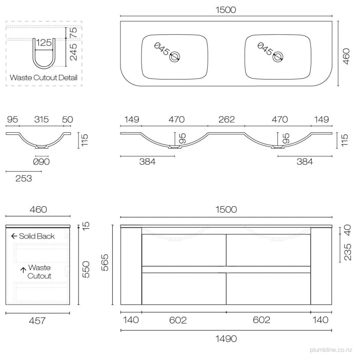 Stanza Curve Spio 1500 4 Drawer Vanity Double Basin