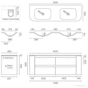 Stanza Curve Spio 1500 4 Drawer Vanity Double Basin