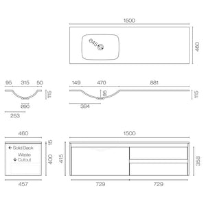 Progetto Vanity Stanza Spio 1500 3 Drawer Vanity Left Basin