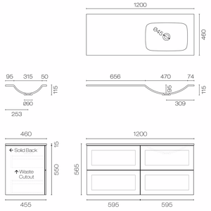 Progetto Vanity Hampton Spio 1200 4 Drawer Vanity Right Basin