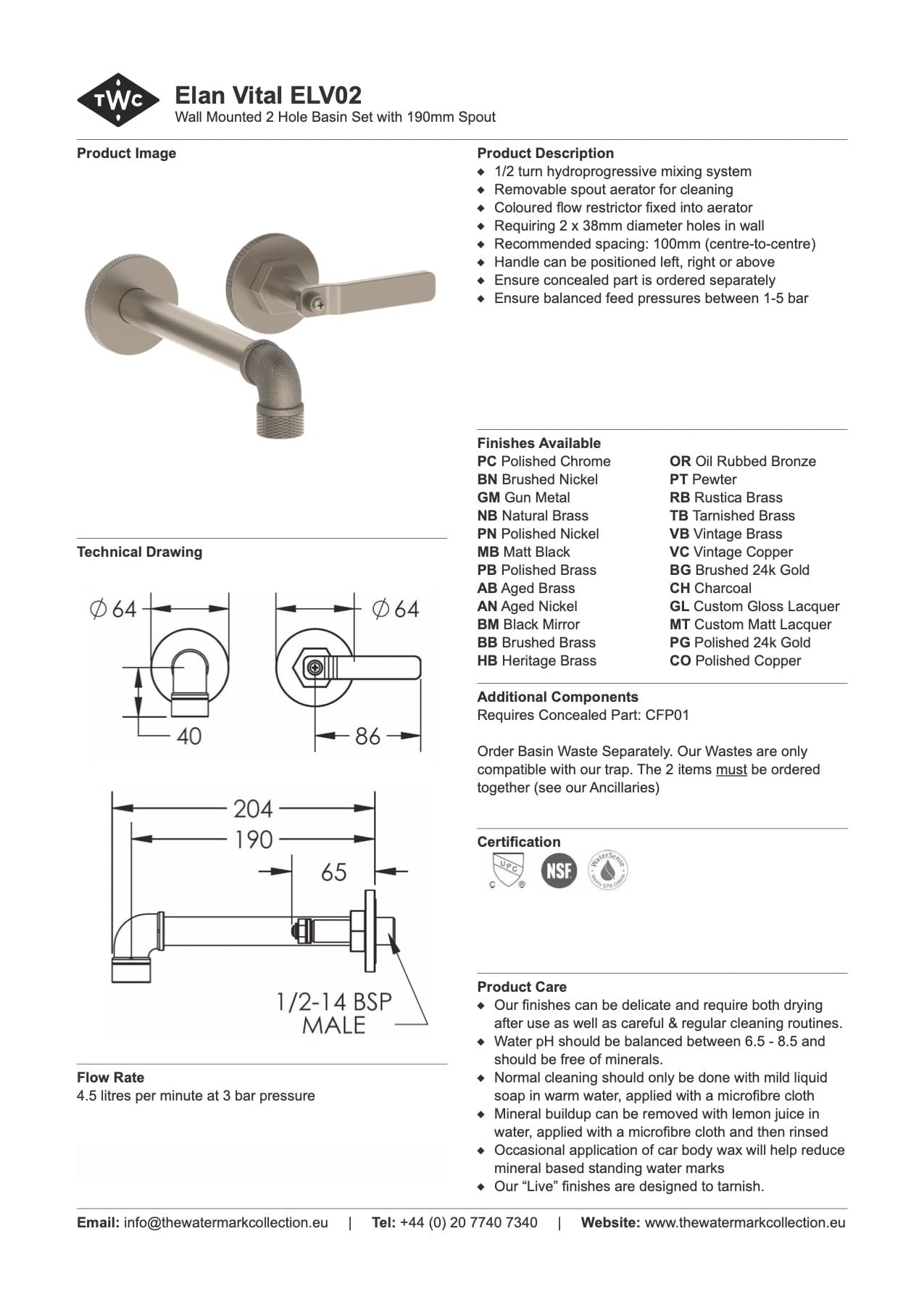 The Watermark Collection Basin Taps Polished Chrome The Watermark Collection Elan Vital Wall Mounted 2 Hole Basin Set with 190mm Spout