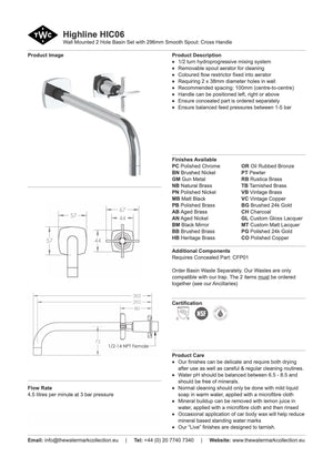 The Watermark Collection Basin Taps Polished Chrome The Watermark Collection Highline Wall Mounted 2 Hole Basin Set with 296mm Smooth Spout | Cross Handle