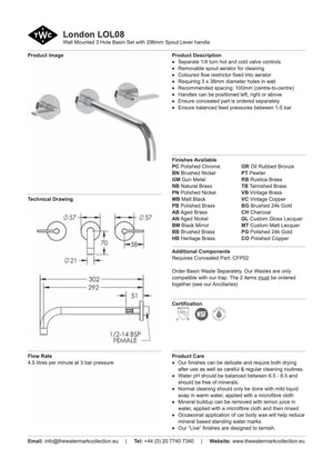 The Watermark Collection Basin Taps Polished Chrome The Watermark Collection London Wall Mounted 3 Hole Basin Set with 296mm Spout | Lever Handle