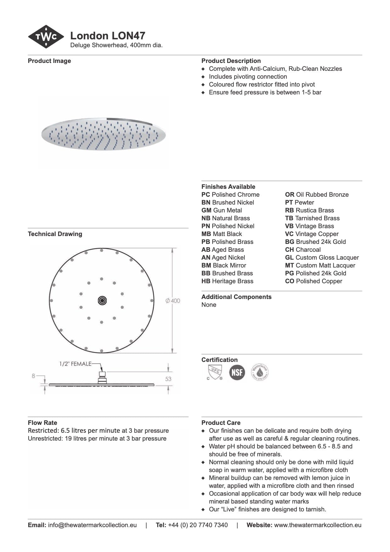 The Watermark Collection Showers Polished Chrome The Watermark Collection London Deluge 400mm Shower Head Only