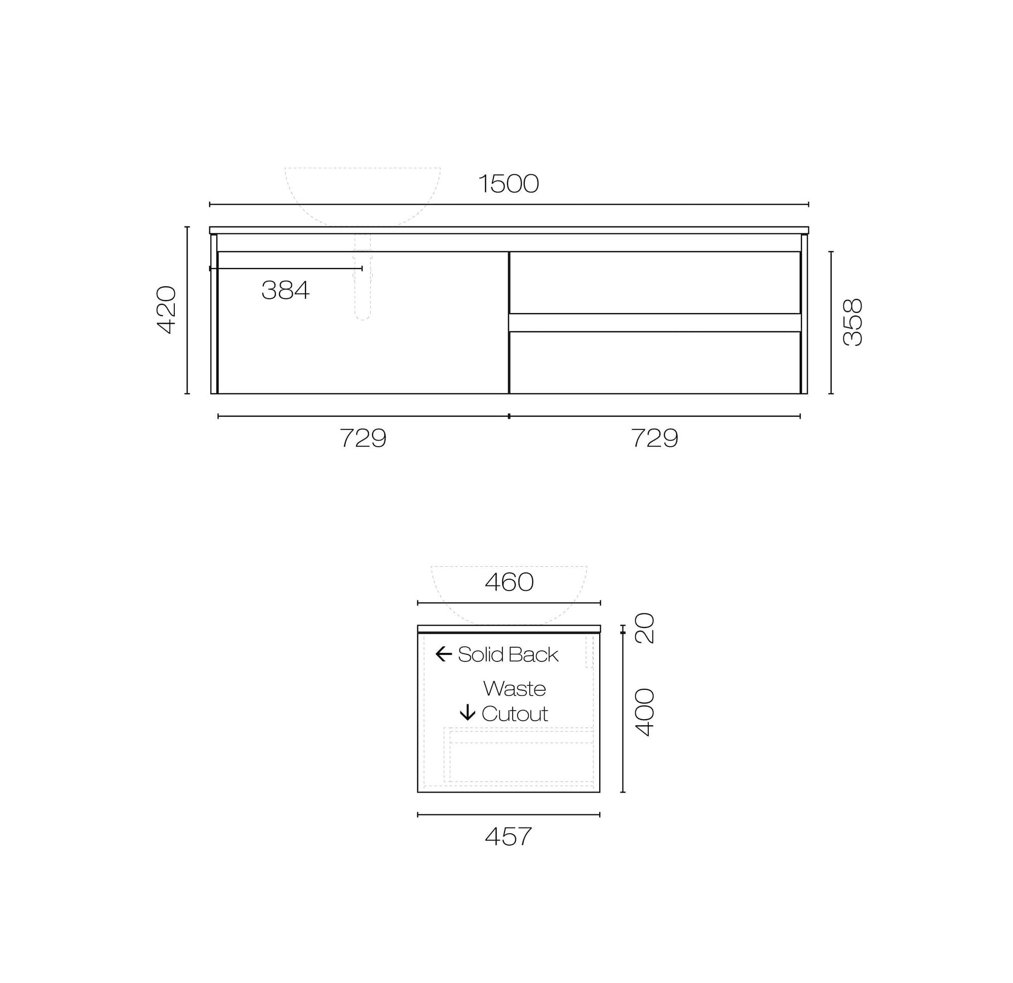 Progetto Vanity Stanza Opaco 1500 3 Drawer Left Vanity